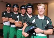 29 July 2008; The Ireland Olympic Three Day Eventing Team of, from right, Louise Lyons, Patricia Ryan, Austin O'Connor, Captain Geoff Curran and Niall Griffin during a photocall at the team hotel before their departure to Hong Kong. Hilton Hotel, Dublin Airport, Malahide Road, Dublin. Picture credit: Pat Murphy / SPORTSFILE
