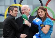 29 July 2008; RTE broadcaster Jimmy Magee, who will be covering his 10th Olympic Games with boxers Bernard Dunne and Katie Taylor, who will be analysts for RTE, at the announcement of RTE's details of its coverage for the 2008 Beijing Olympics. RTE Television, Donnybrook, Dublin. Picture credit: Brendan Moran / SPORTSFILE