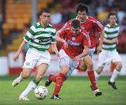 30 July 2008; Mark Millar, Glasgow Celtic XI, in action against David McAllister, centre, and Darren Forsythe, Shelbourne. Shelbourne v Glasgow Celtic XI - Friendly, Tolka Park, Dublin. Picture credit: David Maher / SPORTSFILE