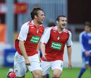 31 July 2008; Jamie Harris, St Patrick's Athletic, left, celebrates after scoring his side's first goal with team-mate Derek O'Brien. UEFA Cup First Qualifying Round, 2nd Leg, St Patrick's Athletic v JFK Olimps, Richmond Park, Dublin. Picture credit: David Maher / SPORTSFILE