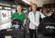1 August 2008; Members of the Ireland Olympic Athletics team Eileen O'Keeffe, Hammer, left, and team coach Anne Keenan-Buckley, prepare to depart for Beijing. Dublin Airport, Dublin. Picture credit: Brian Lawless / SPORTSFILE