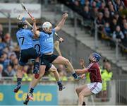 6 June 2015; Liam Rushe, Dublin, catches a puckout ahead of team-mates Shane Durking, 7, and Ryan O'Dwyer and Cyril Donnellan, Galway. Leinster GAA Hurling Senior Championship Quarter-Final Replay, Dublin v Galway. O'Connor Park, Tullamore, Co. Offaly. Picture credit: Piaras Ó Mídheach / SPORTSFILE