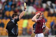 6 June 2015; Joe Canning, Galway, receives a yellow card from referee Brian Gavin following a tussle after scoring his side's fourth goal. Leinster GAA Hurling Senior Championship Quarter-Final Replay, Dublin v Galway. O'Connor Park, Tullamore, Co. Offaly. Picture credit: Stephen McCarthy / SPORTSFILE