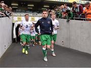 7 June 2015; Republic of Ireland's Seamus Coleman, centre, leads his team-mates, including Jeff Kendrick, left, and James McClean, right, out for the warm up. Three International Friendly, Republic of Ireland v England. Aviva Stadium, Lansdowne Road, Dublin. Picture credit: David Maher / SPORTSFILE