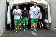 7 June 2015; Republic of Ireland's John O'Shea, right, leads his team-mates, including Glenn Whelan, left, and Seamus Coleman, centre, out for the warm up. Three International Friendly, Republic of Ireland v England. Aviva Stadium, Lansdowne Road, Dublin. Picture credit: David Maher / SPORTSFILE