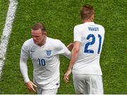 7 June 2015; England's Wayne Rooney, left, is substituted for Jamie Vardy. Three International Friendly, Republic of Ireland v England. Aviva Stadium, Lansdowne Road, Dublin. Picture credit: Ramsey Cardy / SPORTSFILE