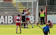 7 June 2015; Thomas Mallon, Fergal Doherty and Niall Holly, Derry celebrate at the final whistle. Ulster GAA Football Senior Championship Quarter-Final, Derry v Down. Celtic Park, Derry. Picture credit: Oliver McVeigh / SPORTSFILE