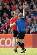 7 June 2015; Referee Eddie Kinsella shows Down's Conaill McGovern a red card in the second half. Ulster GAA Football Senior Championship Quarter-Final, Derry v Down. Celtic Park, Derry. Picture credit: Oliver McVeigh / SPORTSFILE