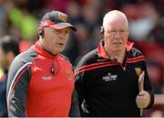 7 June 2015; Down manager Jim McCorry, left, and selector Frank Dawson at half time. Ulster GAA Football Senior Championship Quarter-Final, Derry v Down. Celtic Park, Derry. Picture credit: Oliver McVeigh / SPORTSFILE