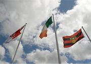 7 June 2015; The tricolour flys in between the Derry and  Down flags. Ulster GAA Football Senior Championship Quarter-Final, Derry v Down. Celtic Park, Derry. Picture credit: Oliver McVeigh / SPORTSFILE