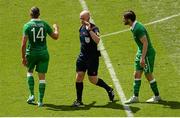 7 June 2015; Referee Arnold Hunter walks past protest from from Harry Arter, right, Republic of Ireland, after a play late in the match. Three International Friendly, Republic of Ireland v England. Aviva Stadium, Lansdowne Road, Dublin. Picture credit: Cody Glenn / SPORTSFILE