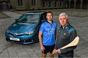 8 June 2015; Pictured is Dublin hurling manager Ger Cunningham, right, and Dublin hurler Michael Carton celebrating the launch of Summer Showtime for Toyota, the official car partner to Dublin GAA, which begins on 10th June and runs until 13th June. The annual Showtime event will see Toyota showcase its full '152' commercial and passenger model line-up including the new Avensis, the new Auris and the RAV4, and providing entertainment and fun activities for all the family. During Showtime, Toyota dealers are also offering a trade up allowance offer of up to €3,000 on passenger cars registered by July 31st, or three years free servicing on passenger cars ordered before June 19th. For further information www.toyota.ie. Royal Hospital Kilmainham, Dublin. Picture credit: Ramsey Cardy / SPORTSFILE