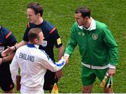 7 June 2015; Team captains John O'Shea, Republic of Ireland and Wayne Rooney, England shake hands ahead of the game. Three International Friendly, Republic of Ireland v England. Aviva Stadium, Lansdowne Road, Dublin. Picture credit: Ramsey Cardy / SPORTSFILE