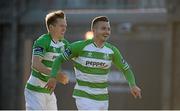 8 June 2015; Shamrock Rovers' Michael Drennan, right, celebrates with team-mate Simon Madden after he scored his side's first goal. SSE Airtricity League Premier Division, Shamrock Rovers v Derry City, Tallaght Stadium, Tallaght, Co. Dublin. Picture credit: Dáire Brennan / SPORTSFILE