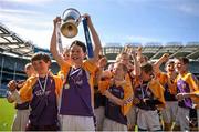 9 June 2015; Shane Ryall, St. Lawrence's BNS, Kilmacud celebrates with team mates after winning the Scaith Herald cup. St. Lawrence's BNS Kilmacud v St. Bridgets Castleknock, Allianz Cumann na mBunscol Finals, Croke Park, Dublin. Picture credit: Eoin Noonan / SPORTSFILE