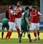 9 June 2015; St. Patrick's Athletic's Christy Fagan, left, celebrates after scoring his side's first goal with team-mates Greg Bolger, centre, and James Chambers. SSE Airtricity League Premier Division, St. Patrick's Athletic v Bohemians FC, Richmond Park, Dublin. Picture credit: David Maher / SPORTSFILE