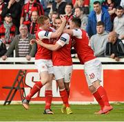 9 June 2015;  St. Patrick's Athletic's Christy Fagan, centre, celebrates after scoring his side's second goal with team-mates Sean Hoare, left, and Aaron Greene. SSE Airtricity League Premier Division, St. Patrick's Athletic v Bohemians FC, Richmond Park, Dublin. Picture credit: David Maher / SPORTSFILE