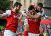 9 June 2015; St. Patrick's Athletic's Killian Brennan, centre, celebrates after scoring his side's third goal with team-mates James Chambers, left, and Greg Bolger. SSE Airtricity League Premier Division, St. Patrick's Athletic v Bohemians FC, Richmond Park, Dublin. Picture credit: David Maher / SPORTSFILE