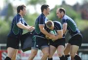 7 August 2008; Ireland's Luke Fitzgerald is tackled by Marcus Horan, left, Rob Kearney and Girvan Dempsey, right, during squad training. Presentation Brothers College Sports Grounds, Dennehy's Cross, Cork. Picture credit: Stephen McCarthy / SPORTSFILE