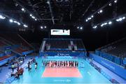 10 June 2015; Serbia and Azerbaijan volleyball players shake hands on the court following a practice game. 2015 European Games Previews, Crystal Hall, Baku, Azerbaijan. Picture credit: Stephen McCarthy / SPORTSFILE