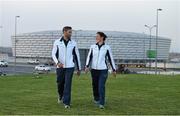 10 June 2015; Brother and sister, from the Salmon Leap Canoe Club, Leixlip, Co. Kildare, Peter and Jenny Egan who will represent Ireland in the Men's Kayak Single (K1) 5000m, Double (K2) 1000m, Kayak Double (K2) 200m and Women's Kayak Single (K1) 200m, Kayak Single (K1) 500m and Kayak Single (K1) 5000m event, in front of the Olympic Stadium ahead of the 2015 European Games in Baku, Azerbaijan. Picture credit: Stephen McCarthy / SPORTSFILE