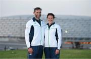 10 June 2015; Brother and sister, from the Salmon Leap Canoe Club, Leixlip, Co. Kildare, Peter and Jenny Egan who will represent Ireland in the Men's Kayak Single (K1) 5000m, Double (K2) 1000m, Kayak Double (K2) 200m and Women's Kayak Single (K1) 200m, Kayak Single (K1) 500m and Kayak Single (K1) 5000m event, in front of the Olympic Stadium ahead of the 2015 European Games in Baku, Azerbaijan. Picture credit: Stephen McCarthy / SPORTSFILE