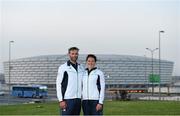 10 June 2015; Brother and sister, from the Salmon Leap Canoe Club, Leixlip, Co. Kildare, Peter and Jenny Egan who will represent Ireland in the Men's Kayak Single (K1) 5000m, Double (K2) 1000m, Kayak Double (K2) 200m and Women's Kayak Single (K1) 200m, Kayak Single (K1) 500m and Kayak Single (K1) 5000m event, in front of the Olympic Stadium ahead of the 2015 European Games in Baku, Azerbaijan. Picture credit: Stephen McCarthy / SPORTSFILE