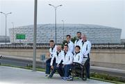 10 June 2015; The Canoe Sprint team, from left, Simas Dobrovolskis, Baku 2015 European Games Canoe Sprint Team manager Dave Pringle, Andrzej Jezierski, Peter Egan, Tom Brennan, Jenny Egan and Canoe Sprint Ireland team manager Tom Egan poses for a picture front of the Olympic Stadium ahead of the 2015 European Games in Baku, Azerbaijan. Picture credit: Stephen McCarthy / SPORTSFILE