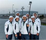 10 June 2015; The Canoe Sprint team, from left, Canoe Sprint Ireland team manager Tom Egan, Jenny Egan, Peter Egan, Simas Dobrovolskis, Baku 2015 European Games Canoe Sprint Team manager Dave Pringle, Andrzej Jezierski and Tom Brennan take their picture front of the Olympic Stadium ahead of the 2015 European Games in Baku, Azerbaijan. Picture credit: Stephen McCarthy / SPORTSFILE