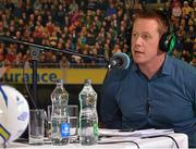 11 June 2015; RTE 2FM Game On International Special, Live from the Aviva FanStudio, Aviva Stadium. Hosted by Hugh Cahill, the Sports Panel includes Eamon Dunphy, Brian Kerr, Anthony Finnerty and Gary Murphy. Streamed Live on RTE.ie/fanstudio and on demand through RTE Player - #AvivaDanStudio. Pictured is presenter Hugh Cahill. Aviva Stadium, Lansdowne Road, Dublin. Picture credit: Cody Glenn / SPORTSFILE