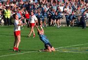 17 September 1995; Jim Gavin of Dublin celebrates victory over Tyrone after the final whistle in the 1995 All Ireland Final match between Dublin and Tyrone at Croke Park in Dublin. Photo by Brendan Moran/SPORTSFILE