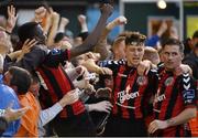 12 June 2015; Dean Kelly, right, Bohemians, celebrates after scoring his side's second goal with team-mates Ismahil Akinade, left, and Adam Evans. SSE Airtricity League Premier Division, Bohemians v Shamrock Rovers. Dalymount Park, Dublin. Picture credit: David Maher / SPORTSFILE