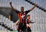 12 June 2015; Ismahil Akinade, Bohemians, celebrates at the end of the game. SSE Airtricity League Premier Division, Bohemians v Shamrock Rovers. Dalymount Park, Dublin. Picture credit: David Maher / SPORTSFILE
