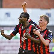 12 June 2015; Bohemians' Ismahil Akinade and Derek Prendergast celebrate at the end of the game . SSE Airtricity League Premier Division, Bohemians v Shamrock Rovers. Dalymount Park, Dublin. Picture credit: David Maher / SPORTSFILE