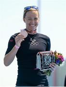 13 June 2015; Lisa Norden, Sweden, celebrates taking bronze in the women's triathlon event. 2015 European Games, Bilgah Beach, Baku, Azerbaijan. Picture credit: Stephen McCarthy / SPORTSFILE
