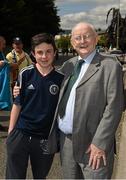 13 June 2015; Scotland supporter Aidan Main, originally from Townend, Scotland, and resident in Elfin, Co. Roscommon, with broadcaster and journalist Jimmy Magee outside the stadium ahead of the game. UEFA EURO 2016 Championship Qualifier, Group D, Republic of Ireland v Scotland, Aviva Stadium, Lansdowne Road, Dublin. Picture credit: Ray McManus / SPORTSFILE
