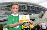 13 June 2015; Pictured is Daniel Gill, aged 7, from Newbridge, Co. Kildare, at the Aviva Stadium. Daniel won a McDonald’s Future Football competition for a special trip to Ireland v Scotland European Championship Qualifier at the Aviva Stadium. McDonald’s FAI Future Football is a programme designed to support grassroots football clubs by enriching the work they do at local level. Over 10,000 boys and girls from 165 football clubs in Ireland will take part this year, generating 70,000 additional hours of activity. UEFA EURO 2016 Championship Qualifier, Group D, Republic of Ireland v Scotland, Aviva Stadium, Lansdowne Road, Dublin. Picture credit: Ramsey Cardy / SPORTSFILE