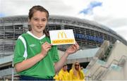 13 June 2015; Pictured is Taylor Lombard, aged 11, from Ardsallagh, Co. Waterford, at the Aviva Stadium. Taylor won a McDonald’s Future Football competition to become a flag bearer for the crucial Ireland v Scotland European Championship Qualifier at the Aviva Stadium. McDonald’s FAI Future Football is a programme designed to support grassroots football clubs by enriching the work they do at local level. Over 10,000 boys and girls from 165 football clubs in Ireland will take part this year, generating 70,000 additional hours of activity. UEFA EURO 2016 Championship Qualifier, Group D, Republic of Ireland v Scotland, Aviva Stadium, Lansdowne Road, Dublin. Picture credit: Ramsey Cardy / SPORTSFILE