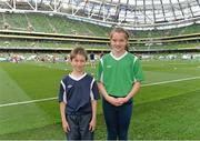 13 June 2015; Pictured are Seán Hickey, aged 8, from Ratoath, Co. Meath, and Taylor Lombard, aged 11, from Ardsallagh, Co. Waterford, at the Aviva Stadium. Seán and Taylor won a McDonald’s Future Football competition to become a flag bearer for the crucial Ireland v Scotland European Championship Qualifier at the Aviva Stadium. McDonald’s FAI Future Football is a programme designed to support grassroots football clubs by enriching the work they do at local level. Over 10,000 boys and girls from 165 football clubs in Ireland will take part this year, generating 70,000 additional hours of activity. UEFA EURO 2016 Championship Qualifier, Group D, Republic of Ireland v Scotland, Aviva Stadium, Lansdowne Road, Dublin. Picture credit: Ramsey Cardy / SPORTSFILE