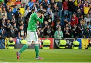 13 June 2015; Kyle Lafferty, Northern Ireland, holds his hands to his head in disbelief after missing a late goal chance. UEFA EURO 2016 Championship Qualifier, Group F, Northern Ireland v Romania, Windsor Park, Belfast, Co. Antrim. Picture credit: Oliver McVeigh / SPORTSFILE