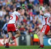16 August 2008; Tyrone's Davy Harte turns to celebrate with team-mate Colm McCullagh after scoring his side's third goal. GAA Football All-Ireland Senior C'ship Quarter-Final, Dublin v Tyrone, Croke Park, Dublin. Picture credit: Oliver McVeigh / SPORTSFILE