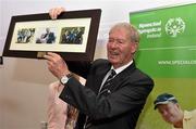 13 June 2015; Legendary Gaelic games commentator Mícheál Ó Muircheartaigh receives framed photographs showing his years of contributions to Special Olympics Ireland at the Special Olympics AGM 2015, where he was a special guest speaker. Dublin City University, Glasnevin, Dublin. Picture credit: Cody Glenn / SPORTSFILE