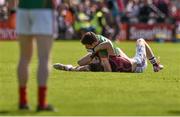 14 June 2015; Lee Keegan, Mayo, tussles with Michael Lundy, Galway during the first minute of the game. Connacht GAA Football Senior Championship Semi-Final, Galway v Mayo. Pearse Stadium, Galway. Picture credit: David Maher / SPORTSFILE