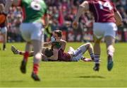 14 June 2015; Lee Keegan, Mayo, tussles with Michael Lundy, Galway, during the first minute of the game. Connacht GAA Football Senior Championship Semi-Final, Galway v Mayo. Pearse Stadium, Galway. Picture credit: David Maher / SPORTSFILE