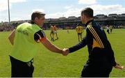 14 June 2015; Armagh manager Kieran McGeeney, left, and Donegal manager Rory Gallagher exchange a handshake after the game. Ulster GAA Football Senior Championship Quarter-Final, Armagh v Donegal. Athletic Grounds, Armagh. Picture credit: Oliver McVeigh / SPORTSFILE