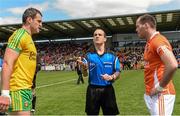 14 June 2015; Referee David Coldrick during the toss with Donegal captain Michael Murphy and Armagh captain Ciaran McKeever. Ulster GAA Football Senior Championship Quarter-Final, Armagh v Donegal. Athletic Grounds, Armagh. Picture credit: Oliver McVeigh / SPORTSFILE