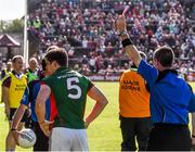 14 June 2015; Referee Padraig Hughes sends off Lee Keeegan, Mayo, during the closing moments of the game. Connacht GAA Football Senior Championship Semi-Final, Galway v Mayo. Pearse Stadium, Galway. Picture credit: David Maher / SPORTSFILE