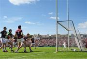 14 June 2015; Aidan O'Shea, left, Mayo, scores his side's goal. Connacht GAA Football Senior Championship Semi-Final, Galway v Mayo. Pearse Stadium, Galway. Picture credit: David Maher / SPORTSFILE