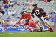 17 August 2008; Padraig O'Shea, left, and Eoin Moynihan, Cork, in action against Richard Cummins, and David Burke, right, Galway. ESB GAA Hurling All-Ireland Minor Championship Semi-Final, Cork v Galway, Croke Park, Dublin. Picture credit: Brian Lawless / SPORTSFILE