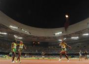 17 August 2008; Shelly Ann Fraser, 2165, of Jamaica, celebrates winning the Women's 100m Final in a time of 10.78 seconds. Also in picture are joint second placed Sherone Simpson, 2145, and Kerron Stewart, 2148, both of Jamaica also. Beijing 2008 - Games of the XXIX Olympiad, National Stadium, Olympic Green, Beijing, China. Picture credit: Brendan Moran / SPORTSFILE